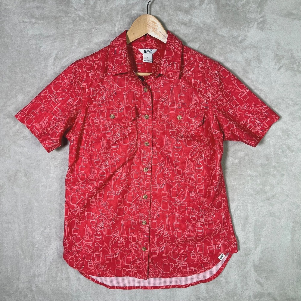 Duluth Trading Breezeshooter Womens S Red Short Sleeve Garden Plant Print Shirt